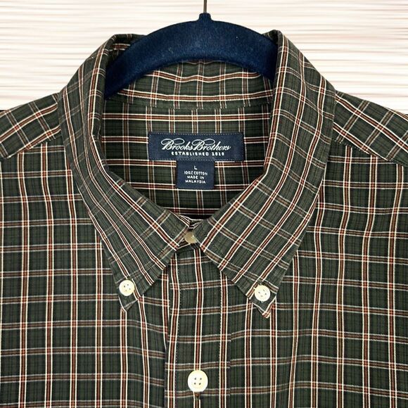Brooks Brothers Casual Cotton Button Down Shirt Plaid Army Green Size L - Picture 5 of 12